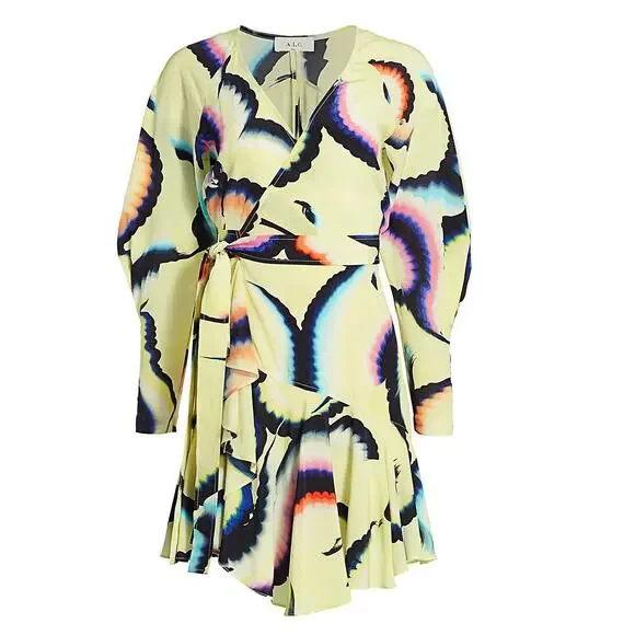 A.L.C. Enzo Silk Chiffon Wrap Dress Yellow Psychedelic Mini Womens 6 - Picture 13 of 16